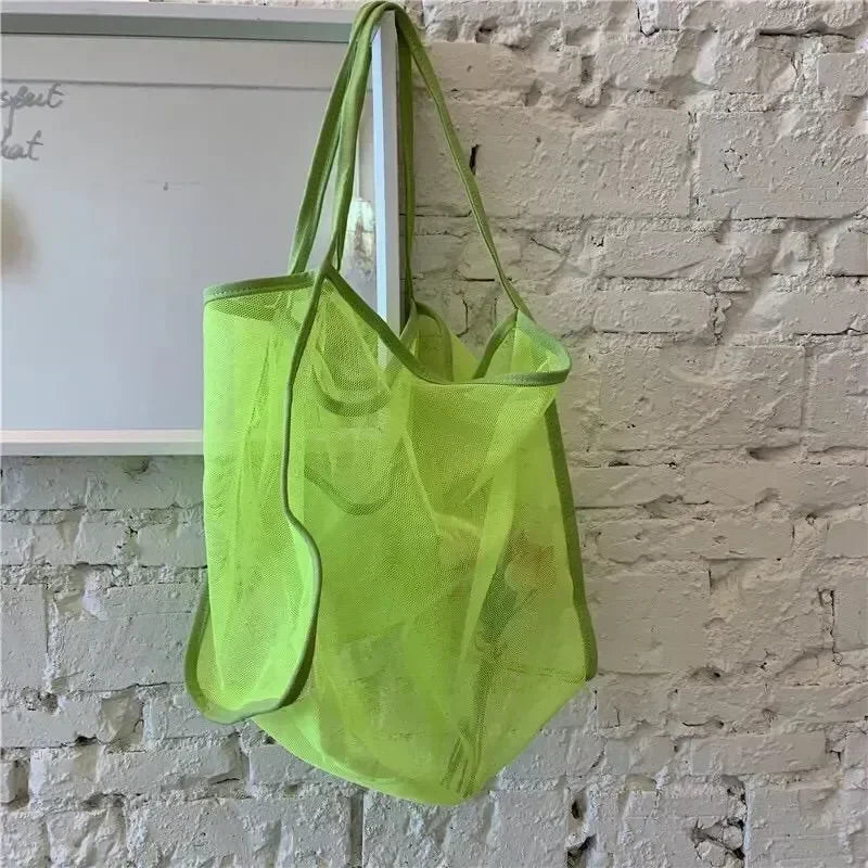 Summer Mesh Hollow Tote Bag Women Large Capacity Shoulder Bag Transparent Beach Bags Canvas Shoping Hobo Bags Girl Handle Tote