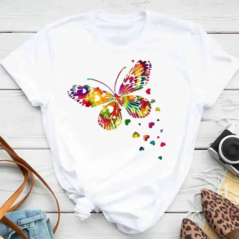 Butterfly Petal Print Short Sleeve Graphic Tee Shirt