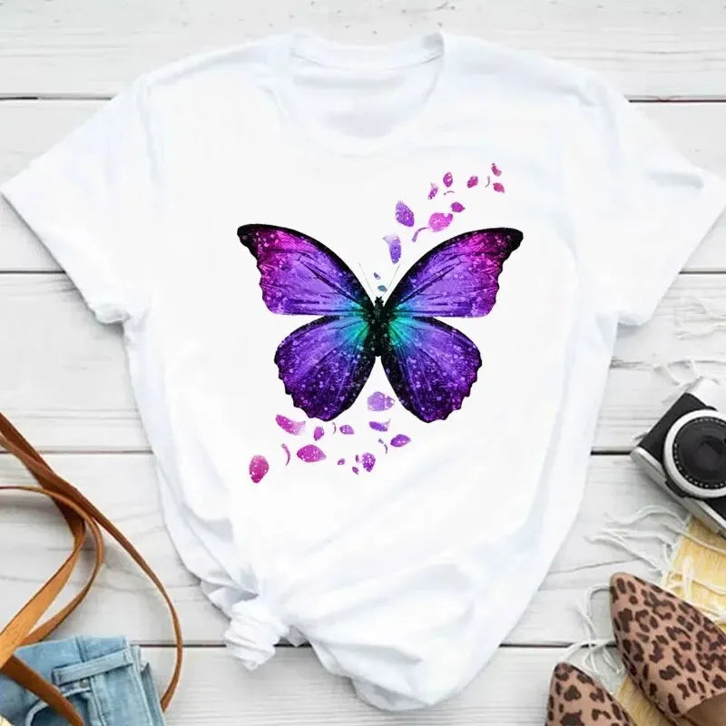 Butterfly Petal Print Short Sleeve Graphic Tee Shirt