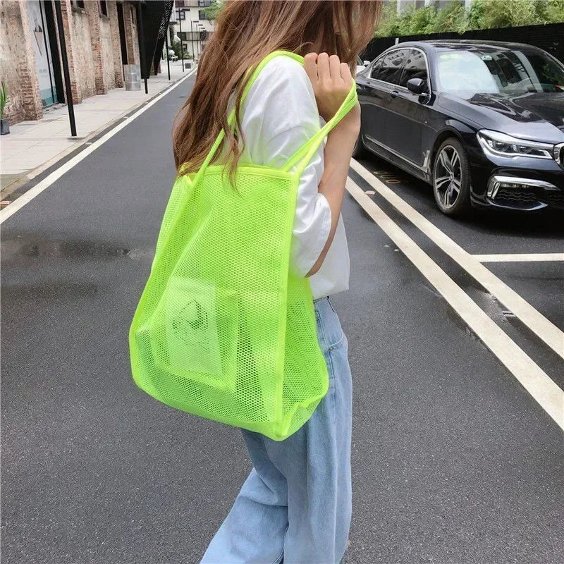 Summer Mesh Hollow Tote Bag Women Large Capacity Shoulder Bag Transparent Beach Bags Canvas Shoping Hobo Bags Girl Handle Tote