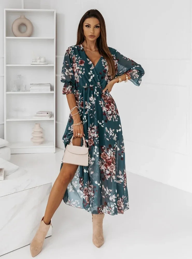 Vacation Chiffon Floral Midi Dress V Neck Short Sleeve Front Split Elegant Party Beach Maxi Long Dresses For 2024 Summer Vestido