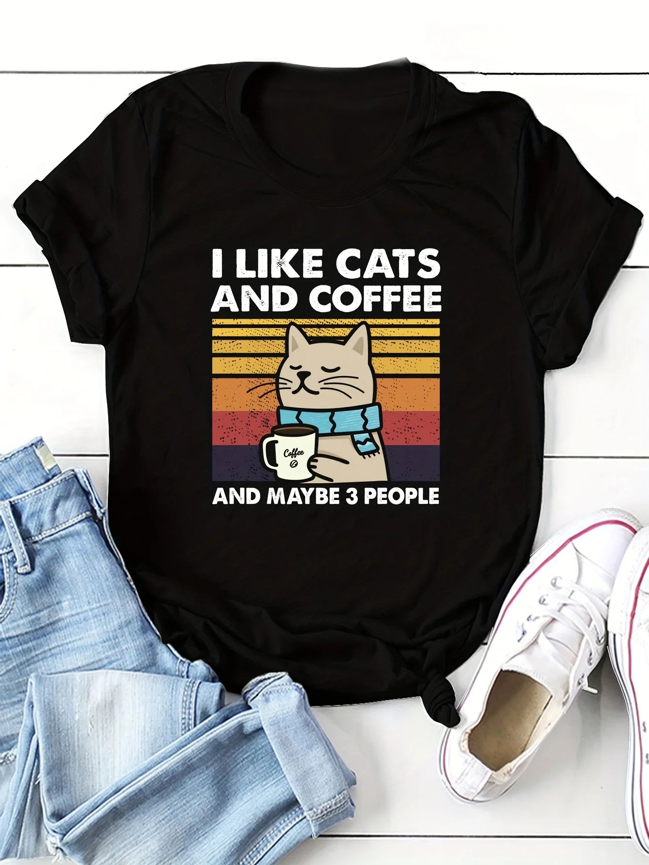 Cat & Coffee Print T-shirt