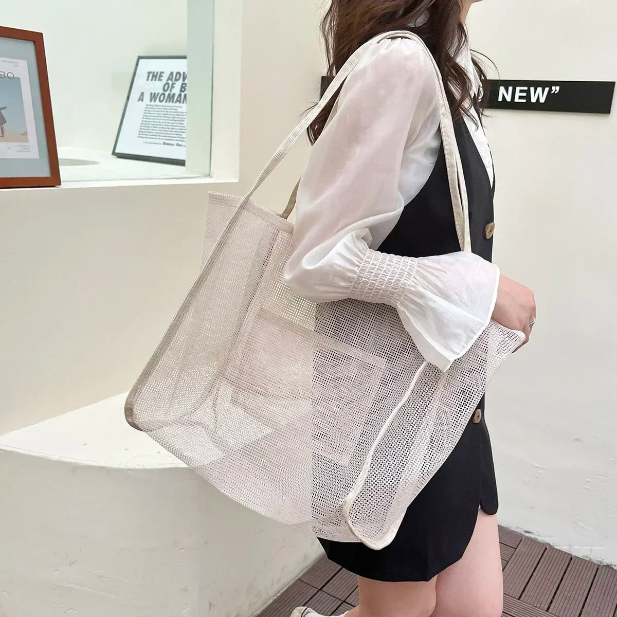 Summer Mesh Hollow Tote Bag Women Large Capacity Shoulder Bag Transparent Beach Bags Canvas Shoping Hobo Bags Girl Handle Tote