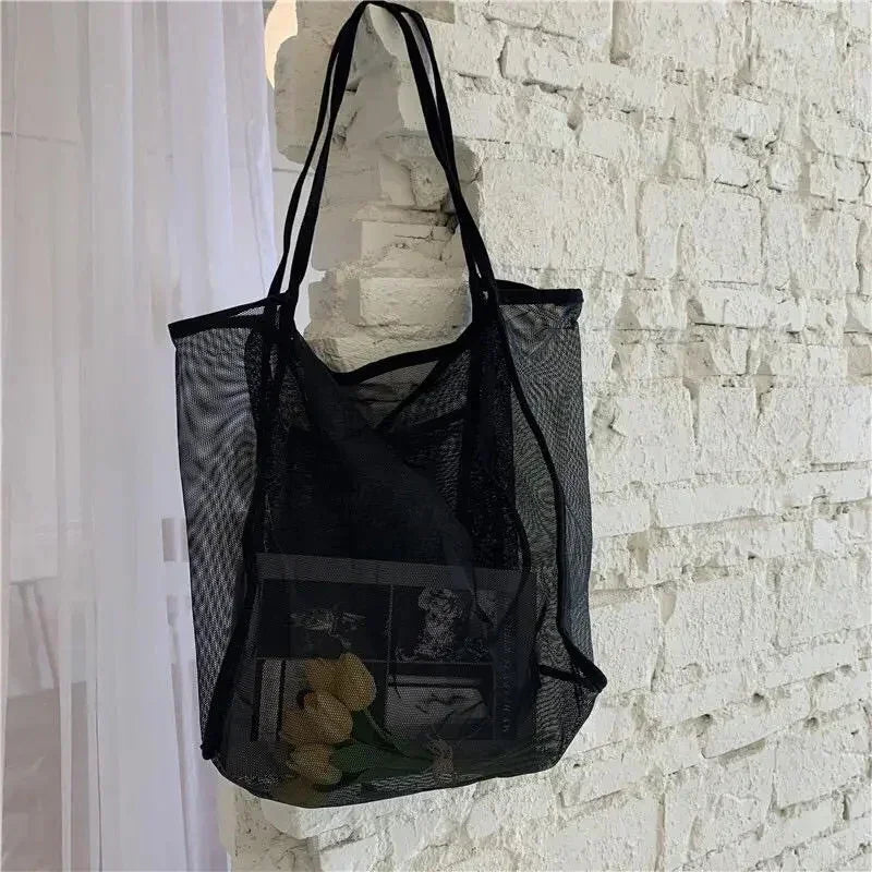 Summer Mesh Hollow Tote Bag Women Large Capacity Shoulder Bag Transparent Beach Bags Canvas Shoping Hobo Bags Girl Handle Tote