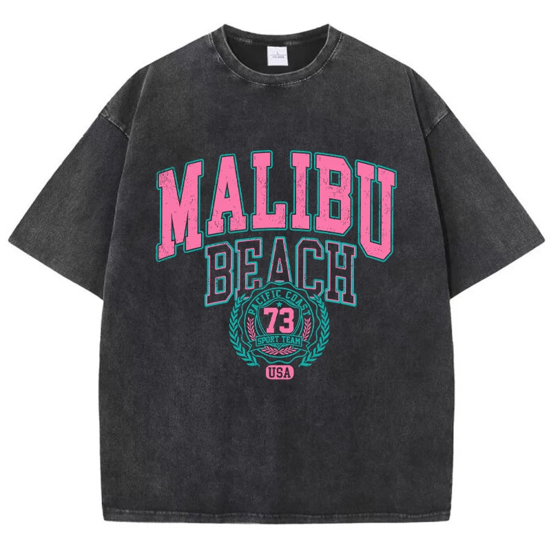 Malibu Beach Washed T-Shirt Comfortable Crewneck Oversized