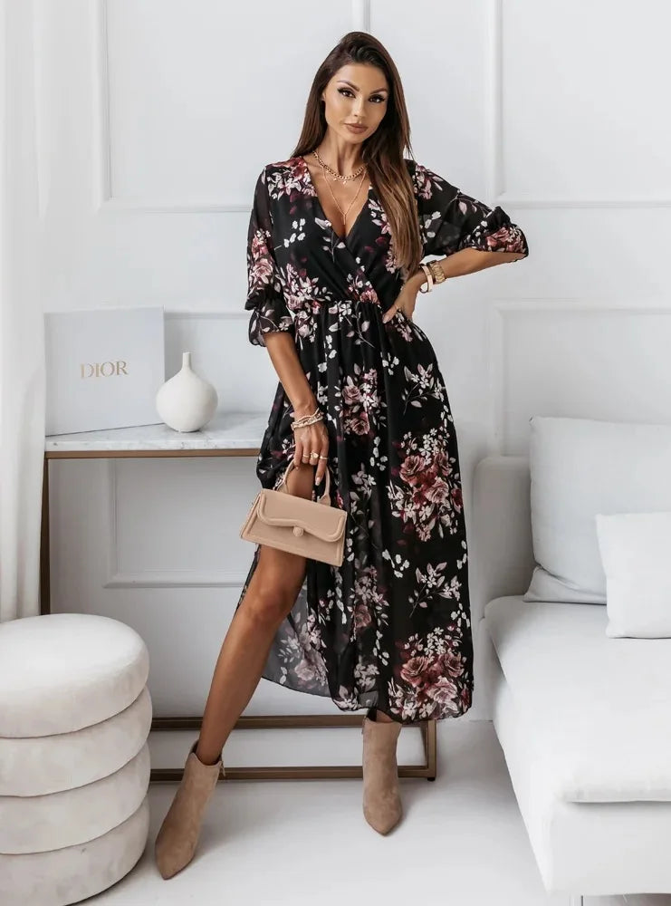 Vacation Chiffon Floral Midi Dress V Neck Short Sleeve Front Split Elegant Party Beach Maxi Long Dresses For 2024 Summer Vestido