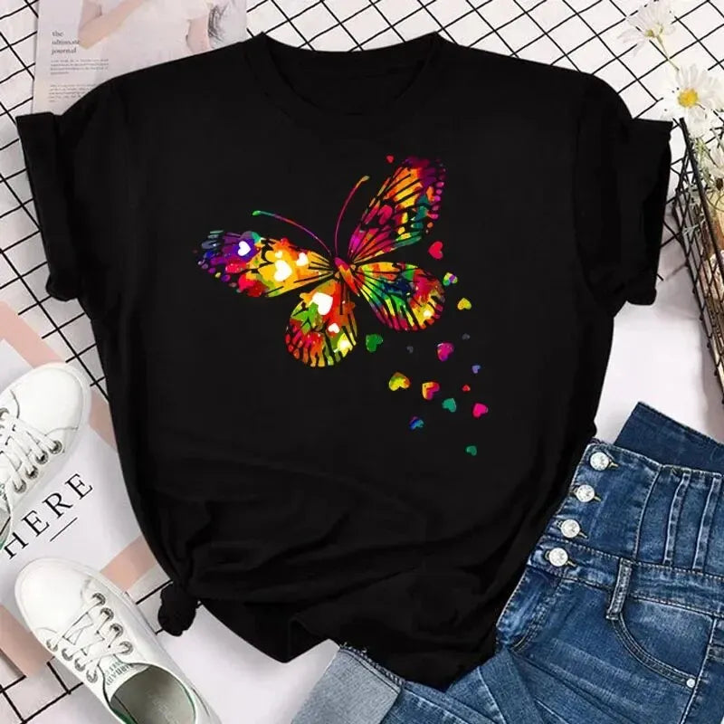 Butterfly Petal Print Short Sleeve Graphic Tee Shirt