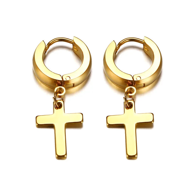 Vnox Cross Earrings for Women Men Gold Color Stainless Steel Men's Stud Earrings Religious Jewelry