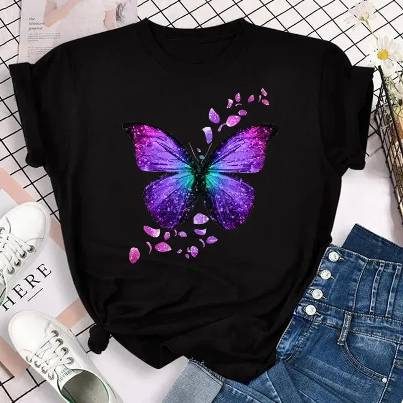 Butterfly Petal Print Short Sleeve Graphic Tee Shirt