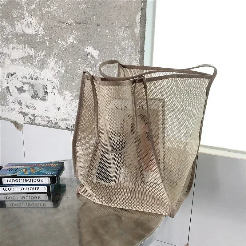 Summer Mesh Hollow Tote Bag Women Large Capacity Shoulder Bag Transparent Beach Bags Canvas Shoping Hobo Bags Girl Handle Tote