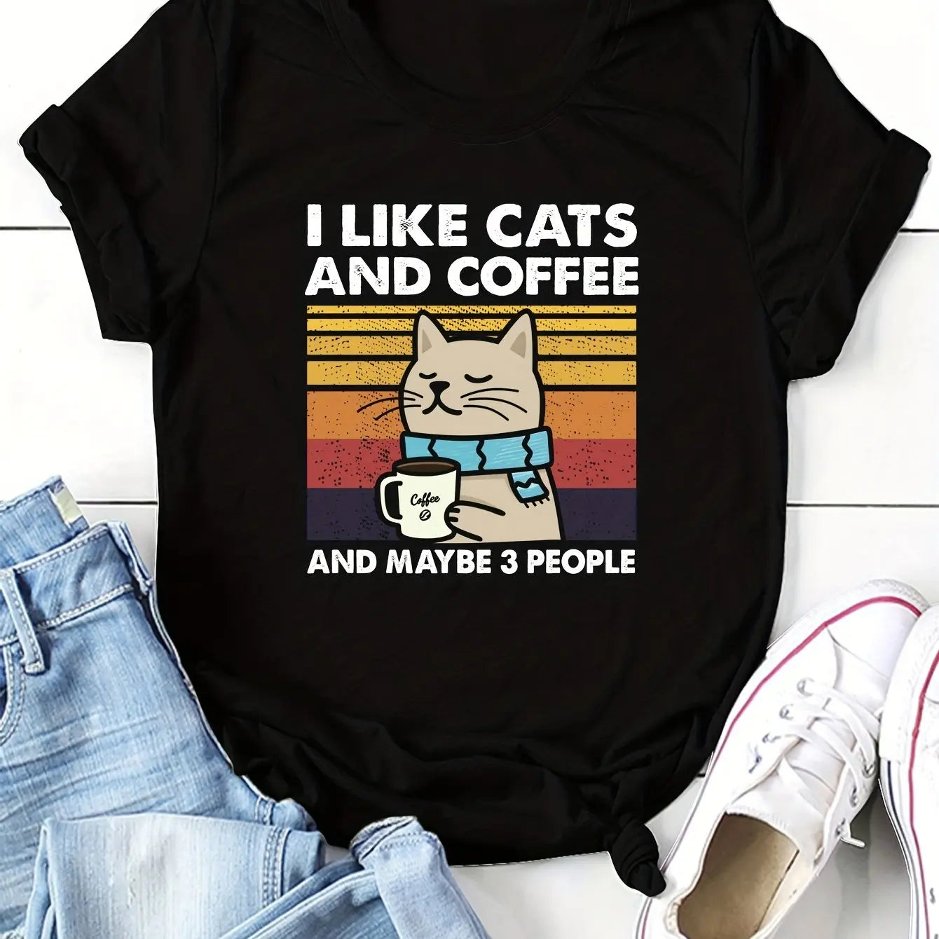 Cat & Coffee Print T-shirt