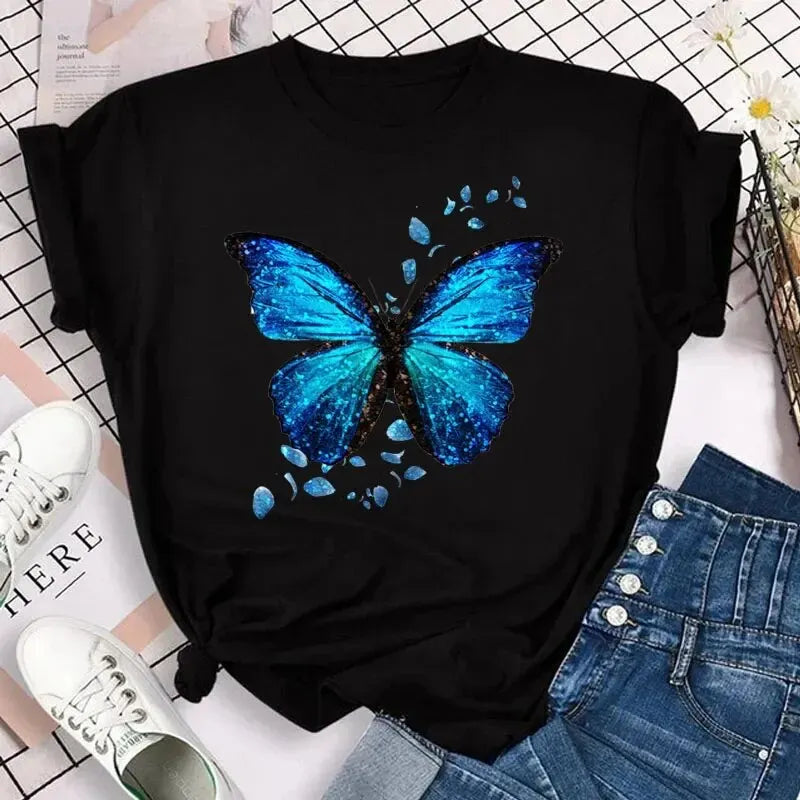 Butterfly Petal Print Short Sleeve Graphic Tee Shirt