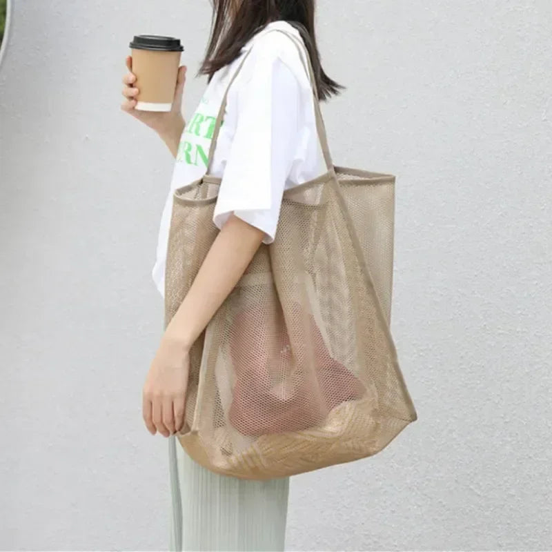 Summer Mesh Hollow Tote Bag Women Large Capacity Shoulder Bag Transparent Beach Bags Canvas Shoping Hobo Bags Girl Handle Tote