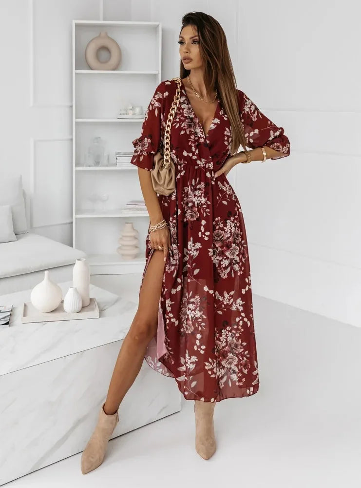 Vacation Chiffon Floral Midi Dress V Neck Short Sleeve Front Split Elegant Party Beach Maxi Long Dresses For 2024 Summer Vestido