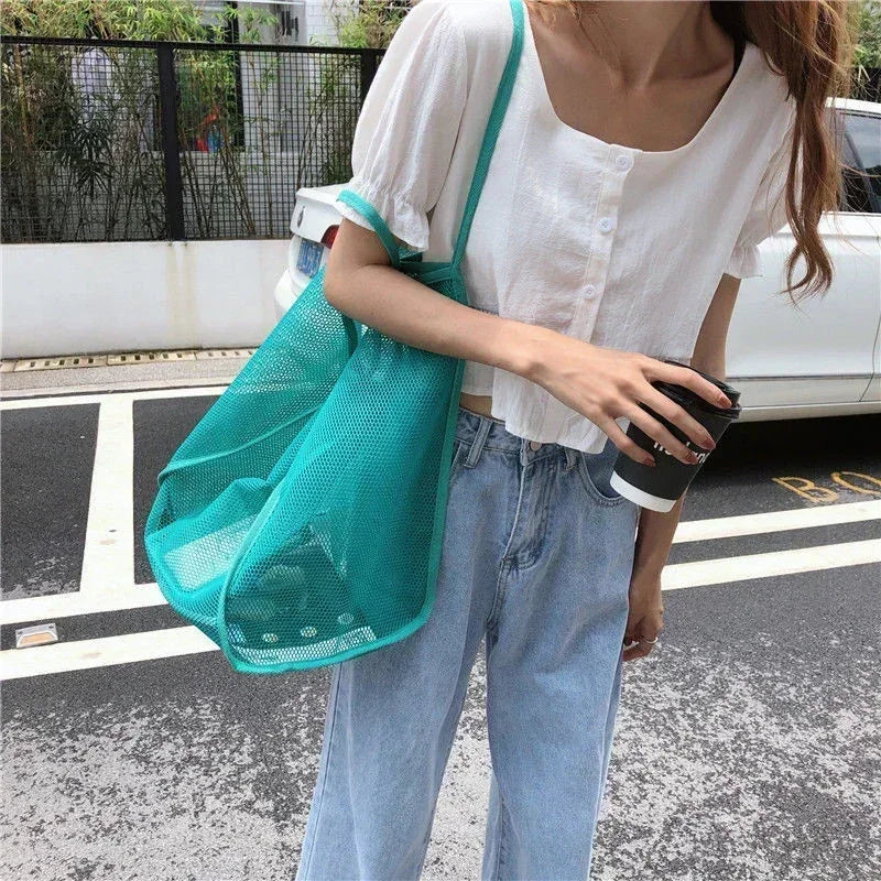 Summer Mesh Hollow Tote Bag Women Large Capacity Shoulder Bag Transparent Beach Bags Canvas Shoping Hobo Bags Girl Handle Tote