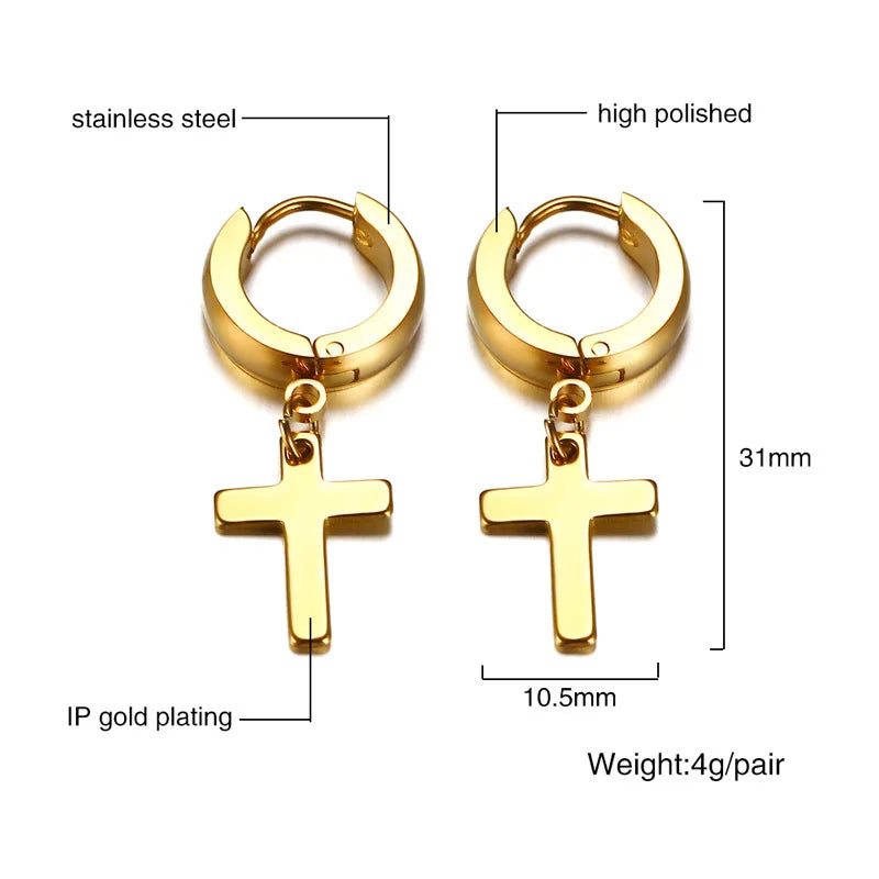 Vnox Cross Earrings for Women Men Gold Color Stainless Steel Men's Stud Earrings Religious Jewelry