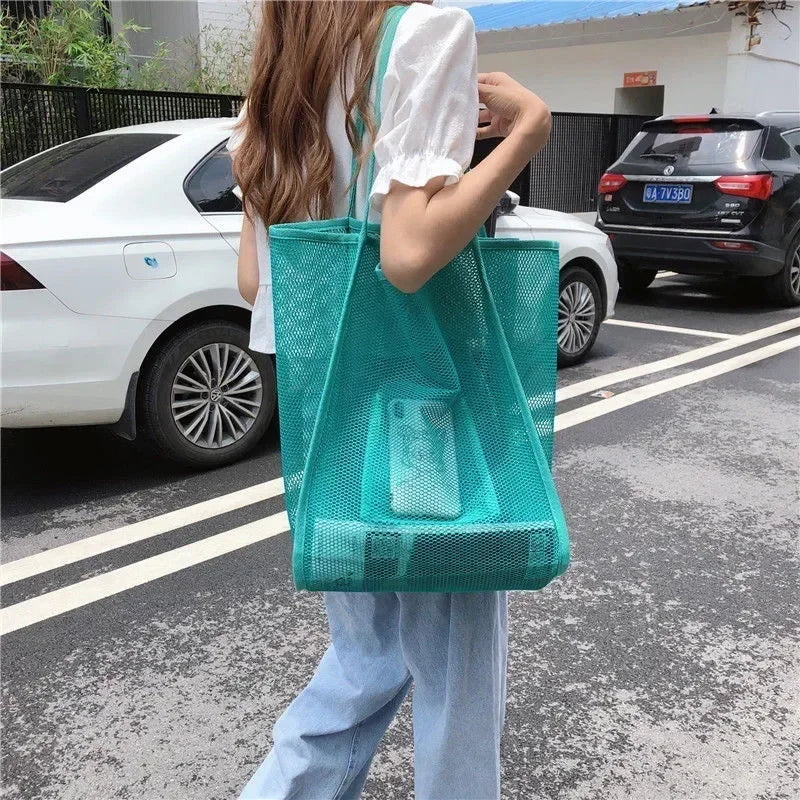 Summer Mesh Hollow Tote Bag Women Large Capacity Shoulder Bag Transparent Beach Bags Canvas Shoping Hobo Bags Girl Handle Tote